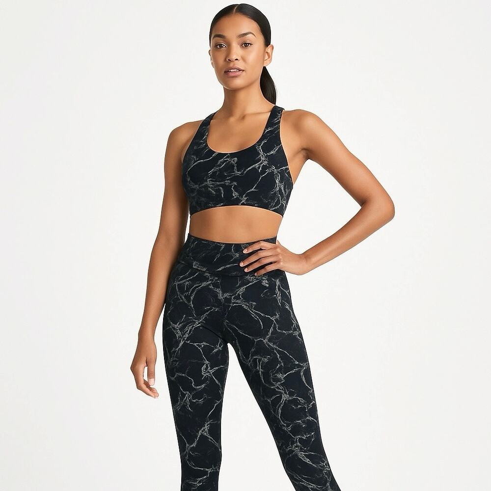 Soul Black Marble Tie Dye Print Yoga Athletic Sports Bra Leggings Pants Set Sz S